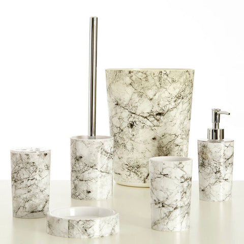 White and gray marble-patterned waste bin with chrome-finished pump dispenser for stylish bathroom use