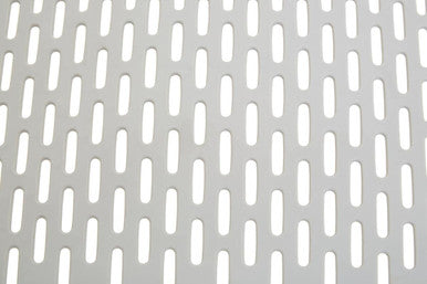 Silver perforated metal romm sink mat with vertical oval cutouts for durable grey plastic sink protection