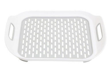White plastic romm sink mat with integrated handles and perforated surface for kitchen sink protection