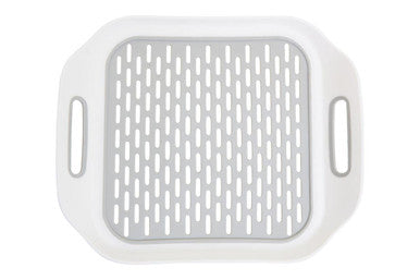 White plastic romm sink mat with grey plastic perforated center and side handles for kitchen use