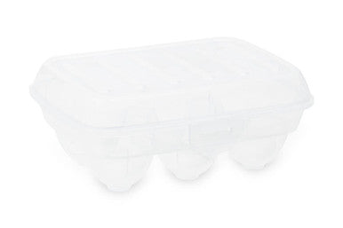 Clear plastic romm six egg box with molded compartments and fitted cover for six-egg box storage