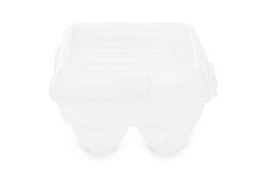 Clear plastic romm six egg box with fitted cover and molded compartments for easy egg storage in a six-egg box