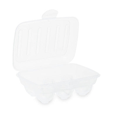 Clear plastic romm six egg box with molded compartments and a hinged fitted cover for six eggs storage