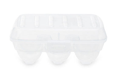 Clear plastic romm six egg box with molded compartments and fitted cover for six eggs storage