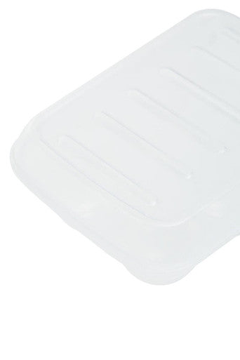 Transparent plastic romm six egg box with fitted cover and ridged smooth surface for secure grip