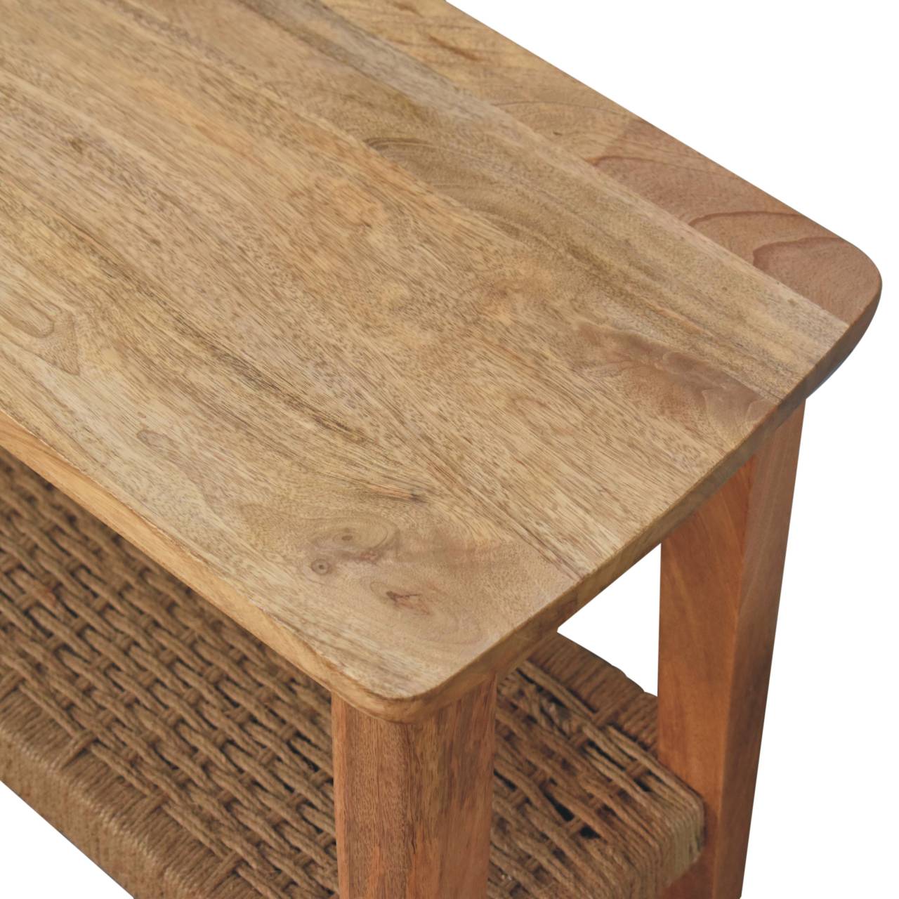 Light brown rope coffee table with solid wood natural grain finish and woven wicker shelf for storage