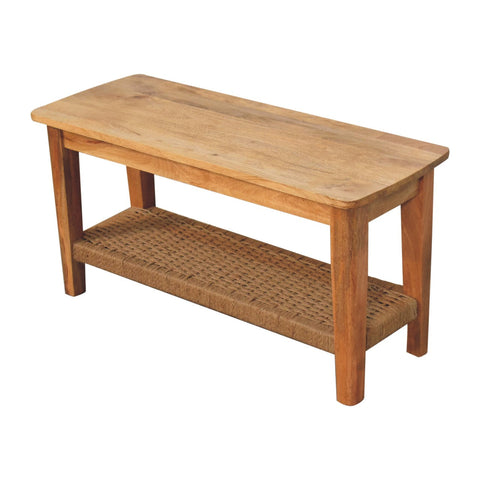 Light brown rope coffee table with solid wood frame and woven rope shelf for stylish storage and display