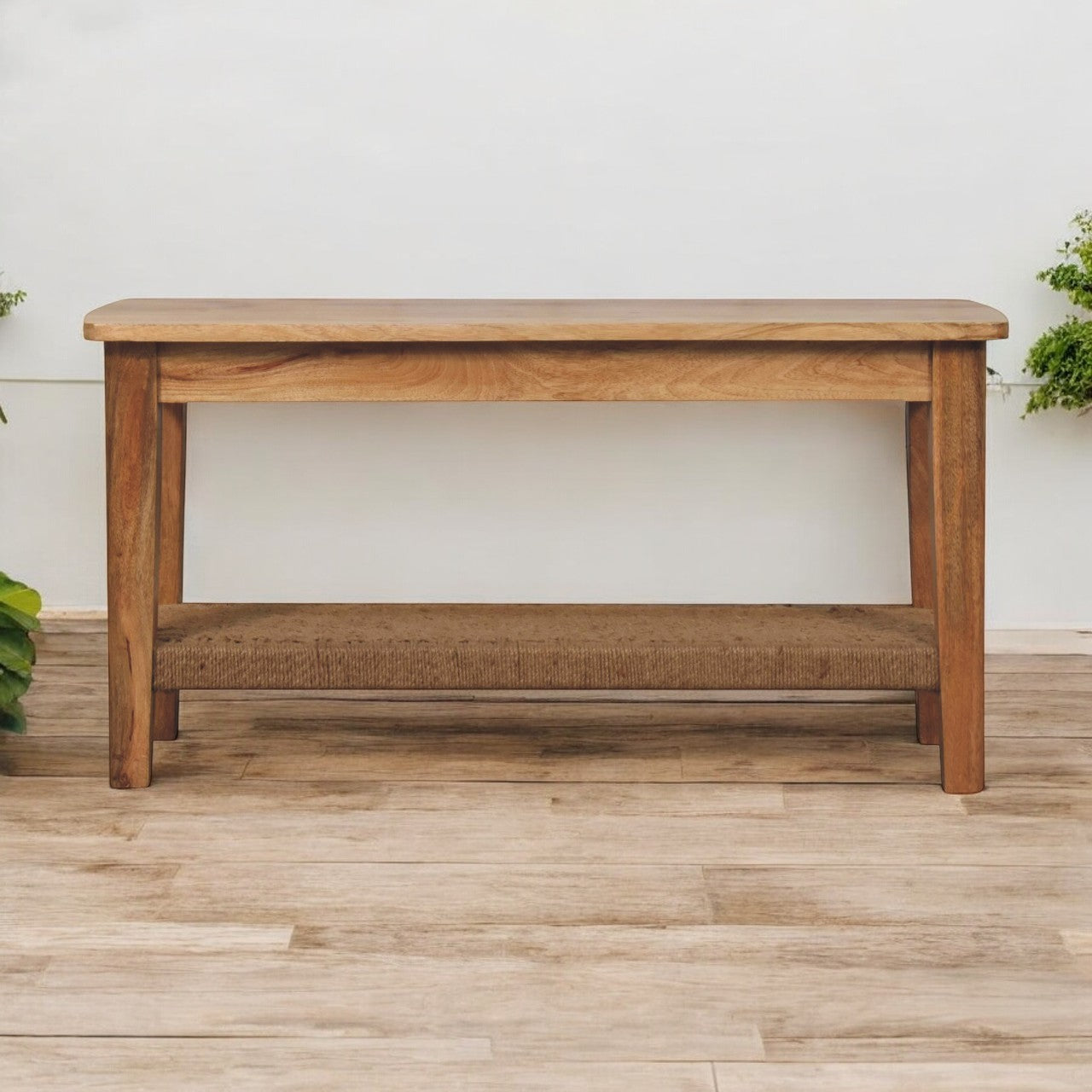 Light brown solid wood rope coffee table with woven rope shelf and sturdy wooden frame for living room use