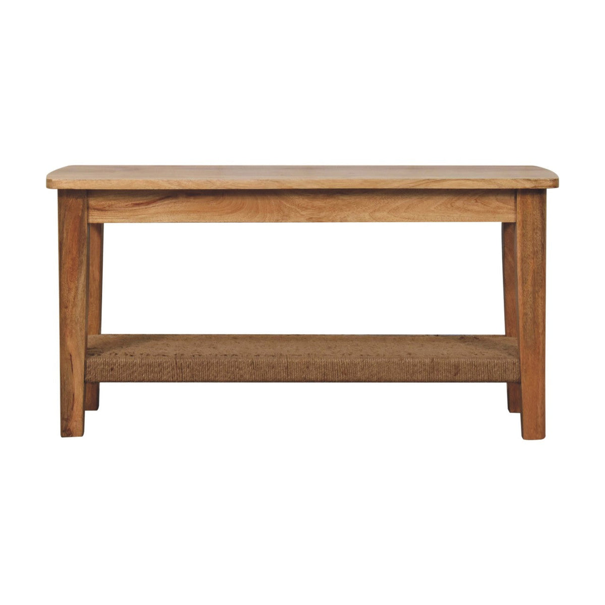 Light brown rope coffee table with solid wood finish and woven rope shelf for stylish living room use