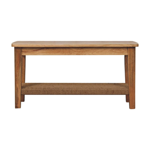 Light brown rope coffee table with solid wood finish and woven rope shelf for stylish living room use