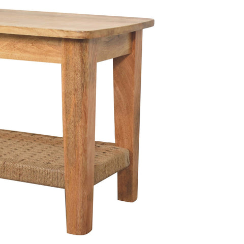 Light brown solid wood rope coffee table with woven rope shelf for stylish living room use