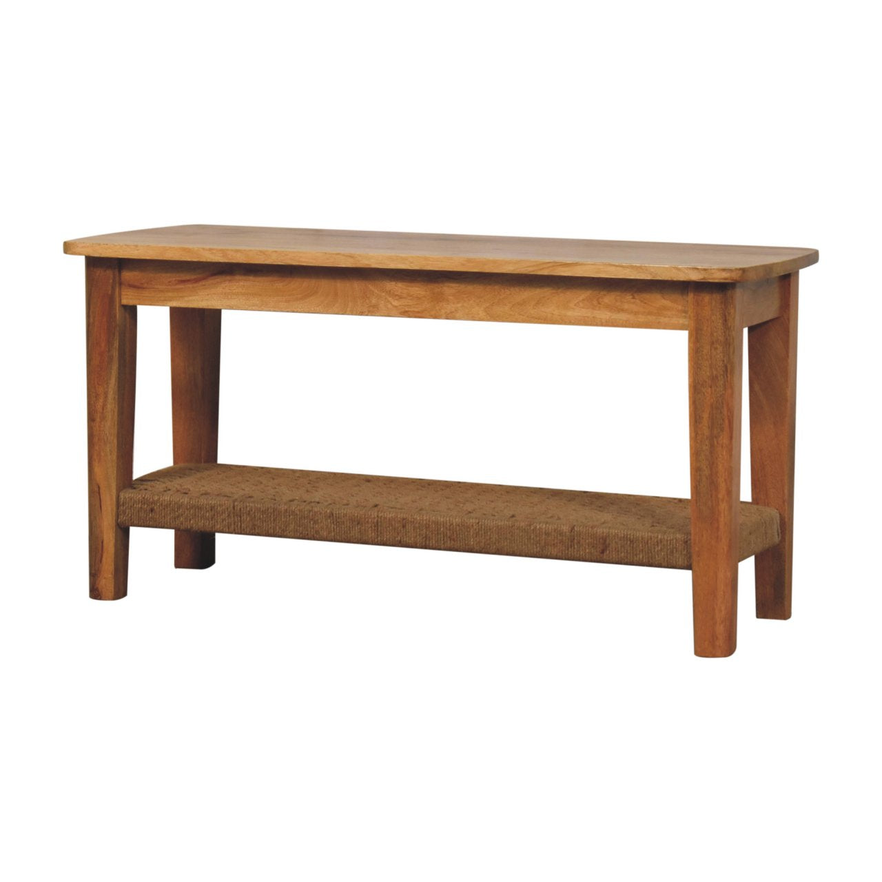 Rustic solid wood rope coffee table with light brown finish and woven natural fiber upper shelf for storage