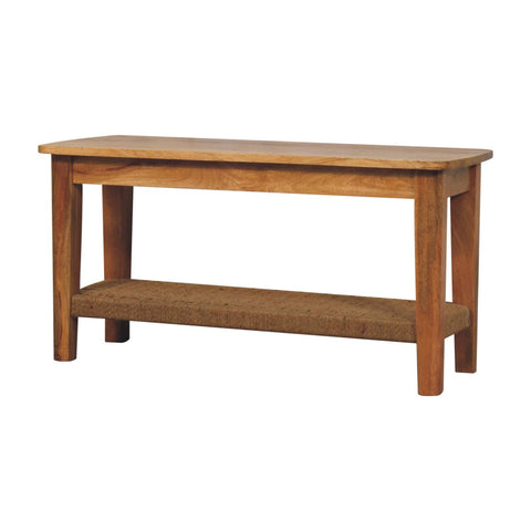 Rustic solid wood rope coffee table with light brown finish and woven natural fiber upper shelf for storage
