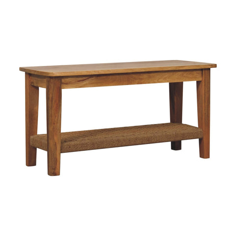 Solid wood rope coffee table with warm brown finish and woven wicker shelf perfect for living room use