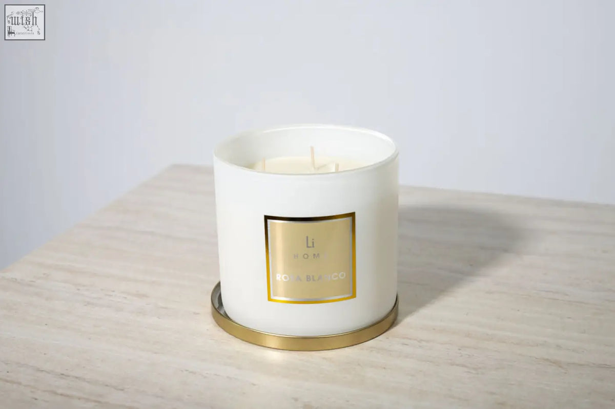 White cylindrical rosa blanco 3 wick luxury candle with gold base from li coh large candle collection rose bleu deco scent