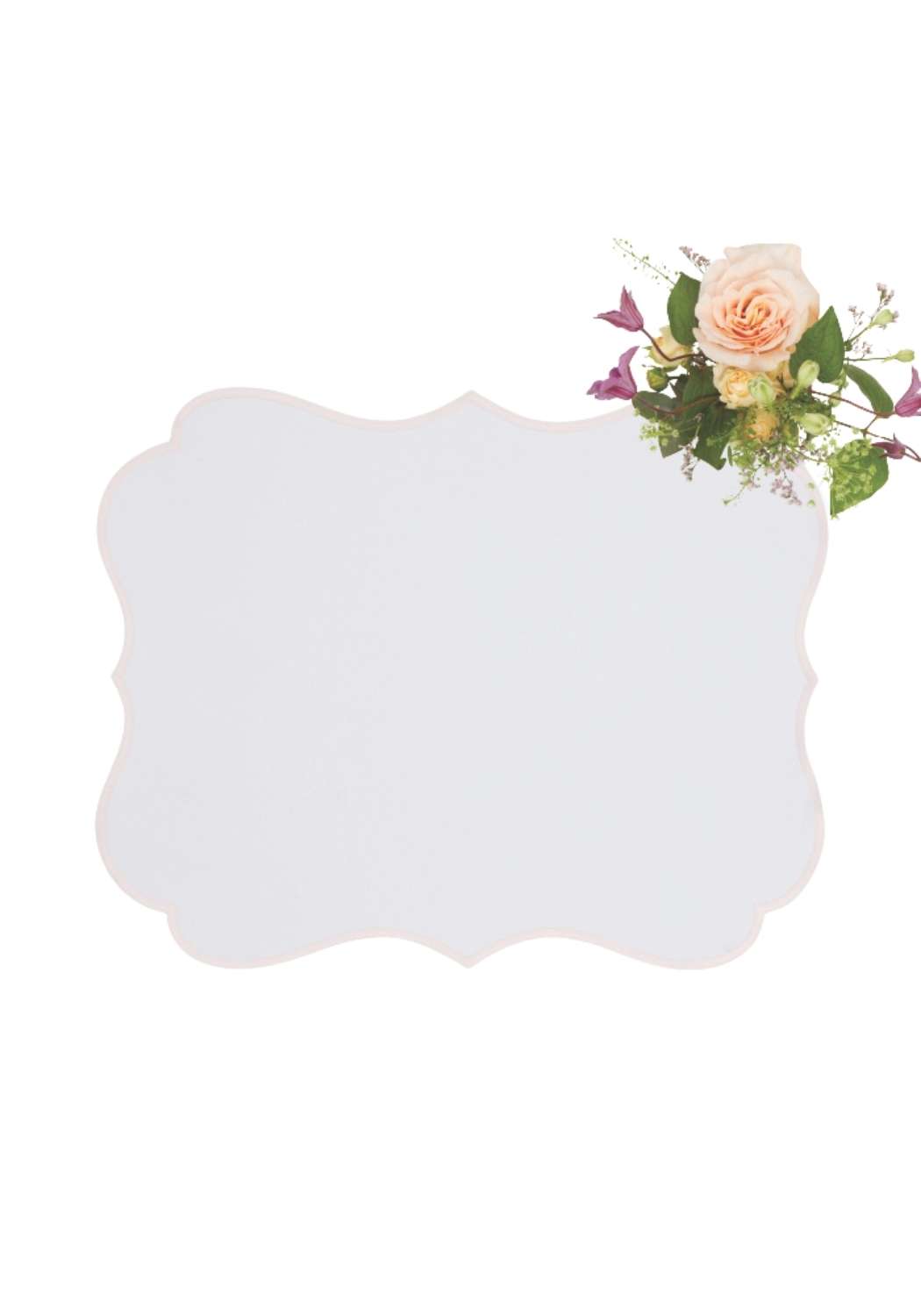 A delicate off-white scalloped frame with a soft peach rose and purple accents on rosa pink placemats set of 4