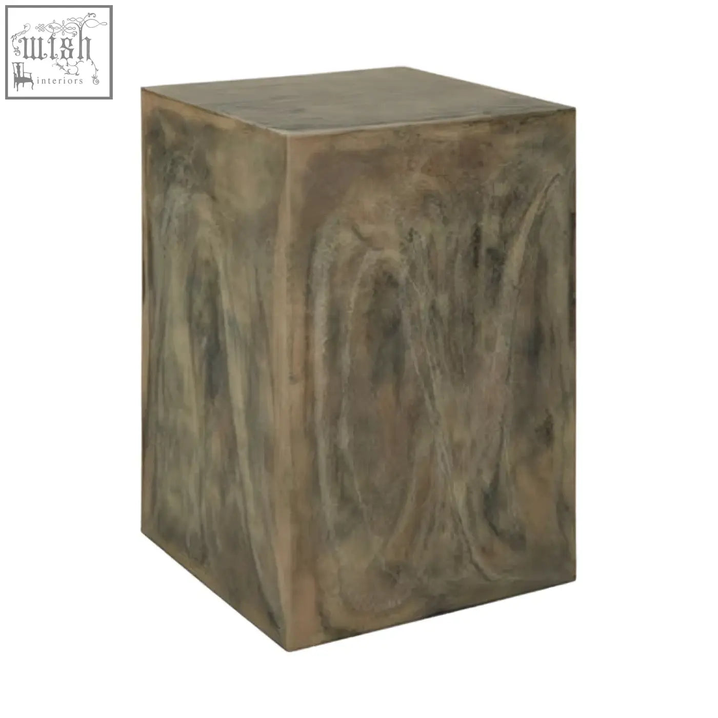 Bronze finished cube side table with textured weathered surface featuring rosado marble effect design