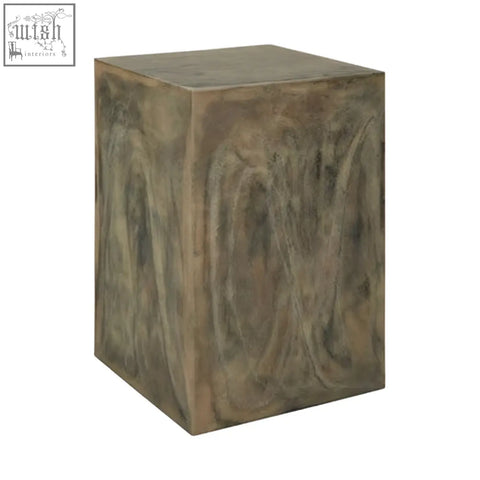 Bronze finished cube side table with textured weathered surface featuring rosado marble effect design