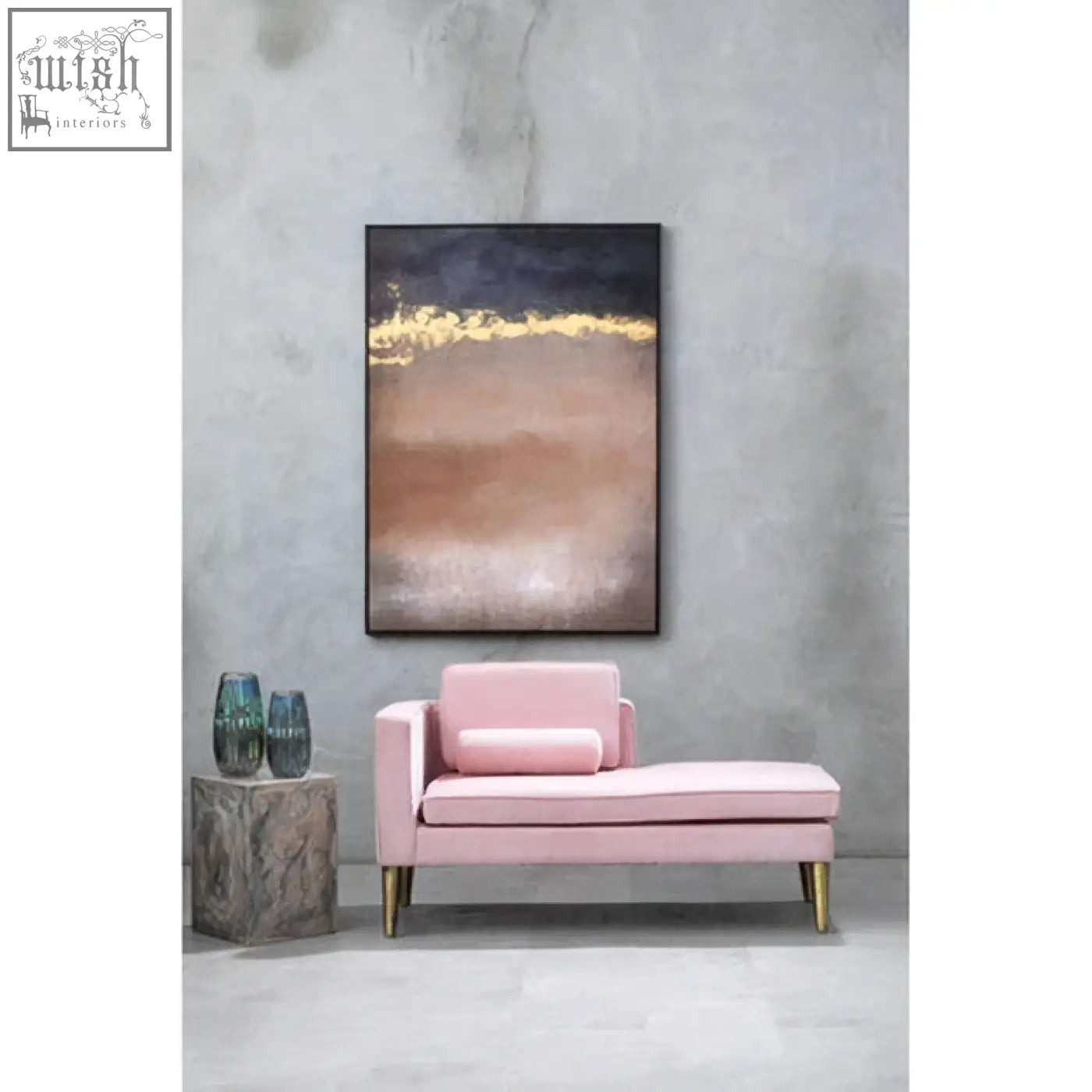 Pink velvet chaise lounge with gold-tone legs next to rosado marble effect side table and stool set