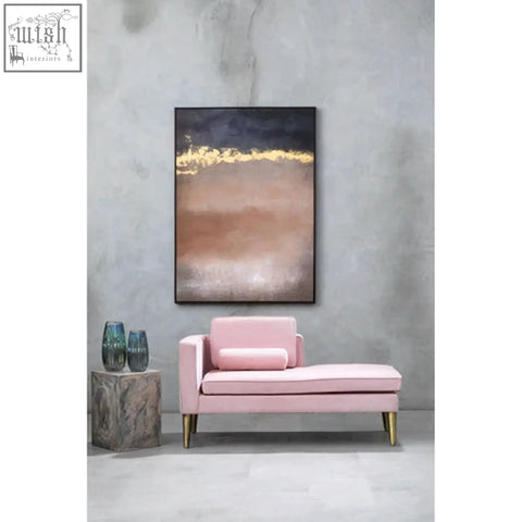 Pink velvet chaise lounge with gold-tone legs next to rosado marble effect side table and stool set