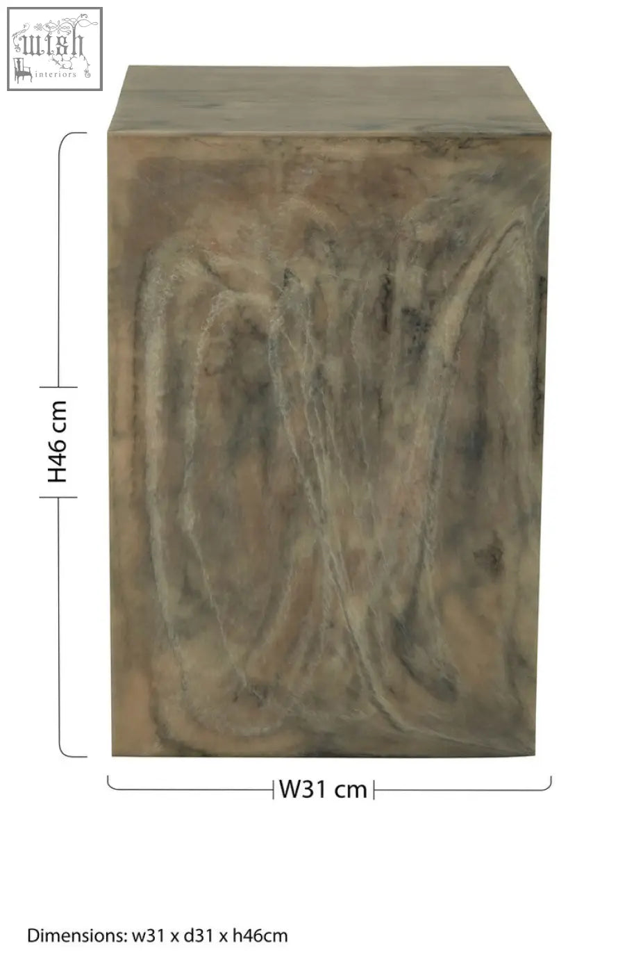 Rosado marble effect wooden side table with natural grain finish and subtle swirling patterns in rectangular shape