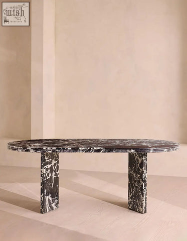 Rosaline black marble dining table oval with sleek black and white marble dining top and matching marble legs