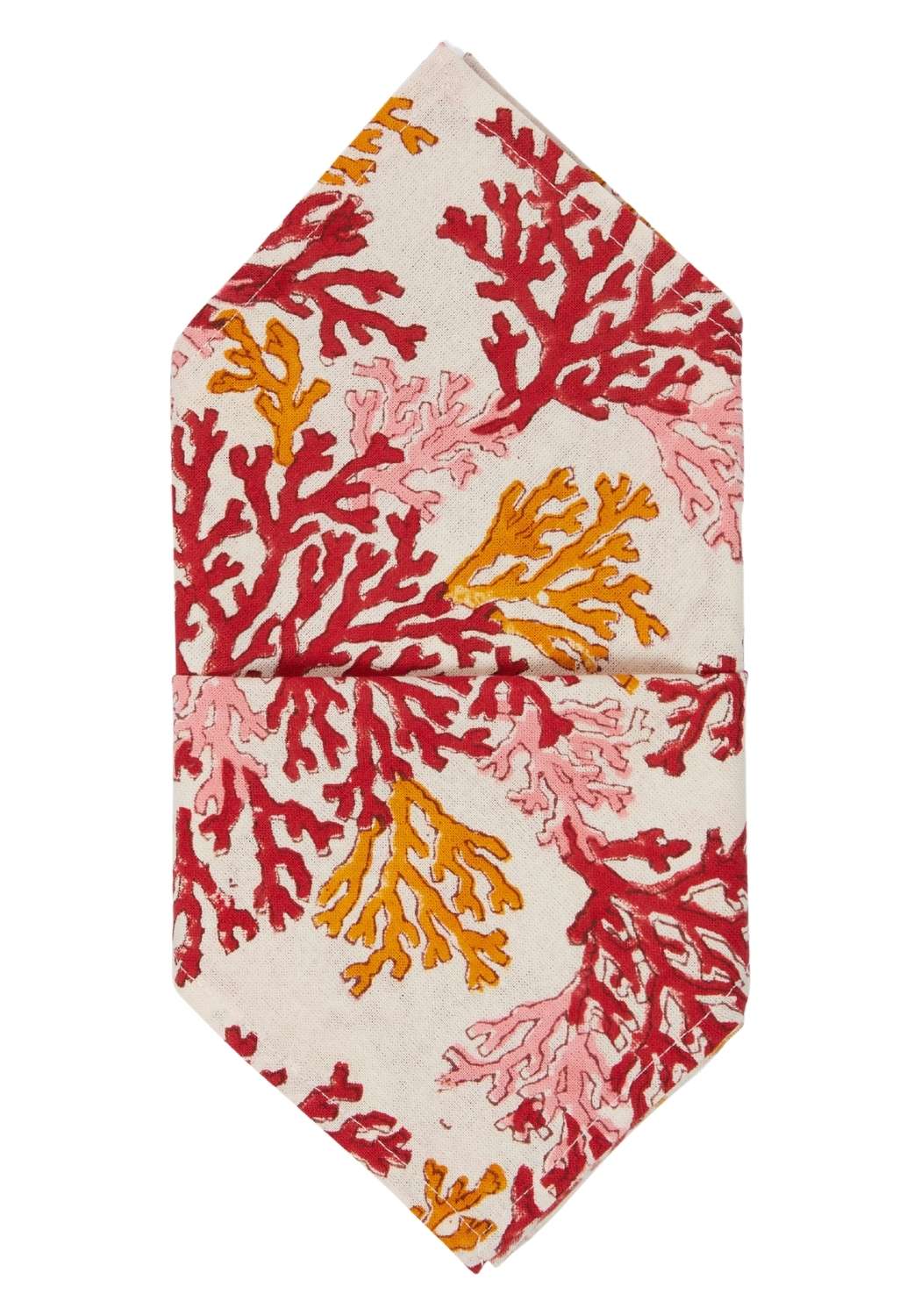 A folded rose coral table napkin with a vibrant coral pattern in red pink and orange on an off-white background