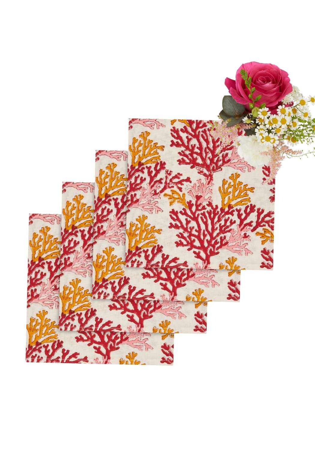 Set of four rose coral table napkins with vibrant red and yellow coral patterns on cream fabric for dining use