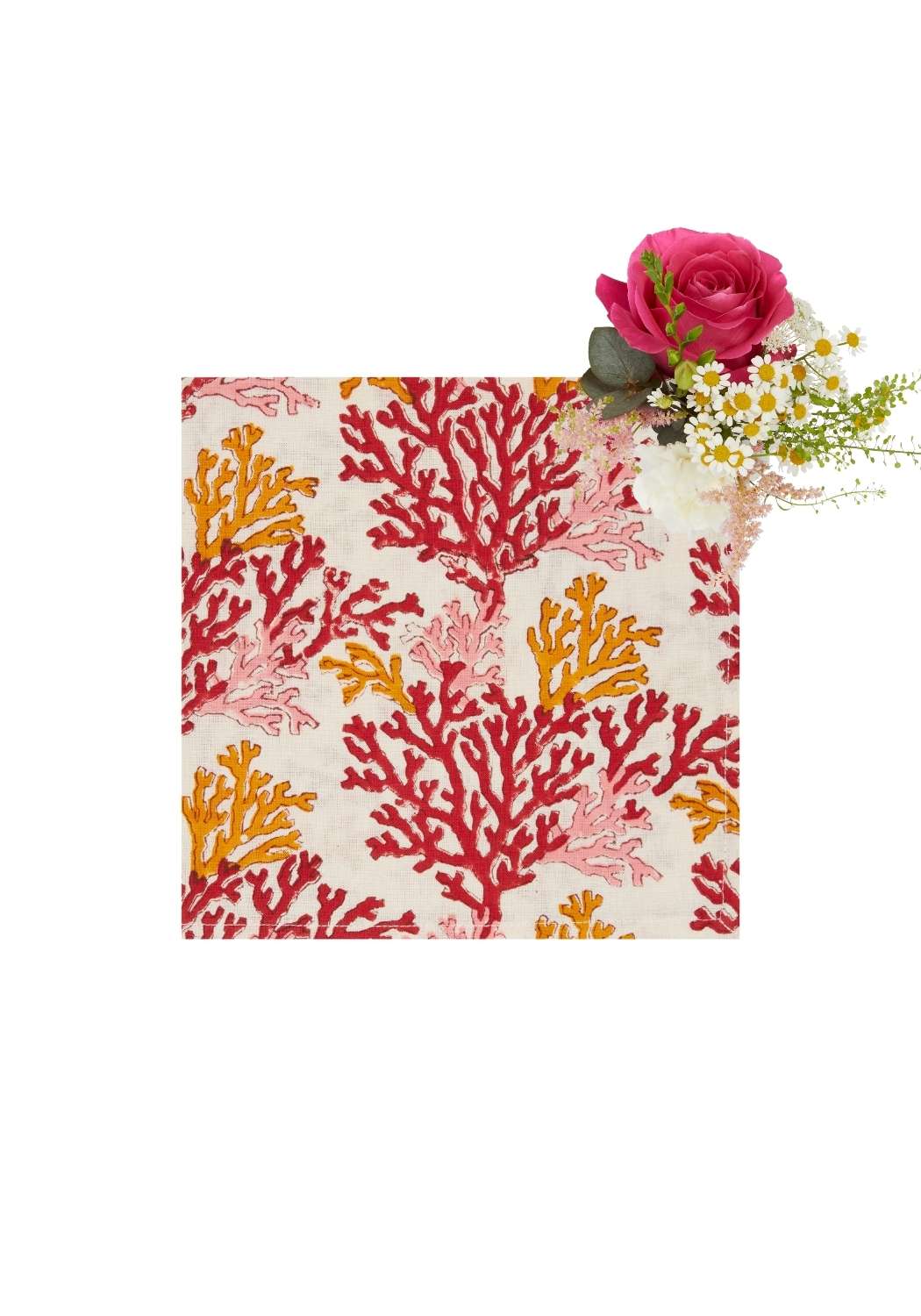 Rose coral table napkin set of 4 with vibrant red pink and orange coral reef pattern on off-white fabric