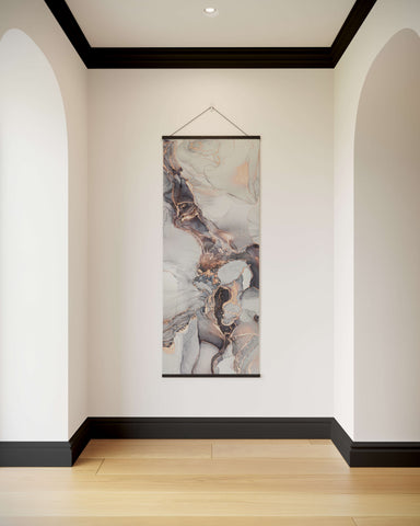 A vertical canvas art piece with rose gold marble abstract design in gray black and soft peach tones