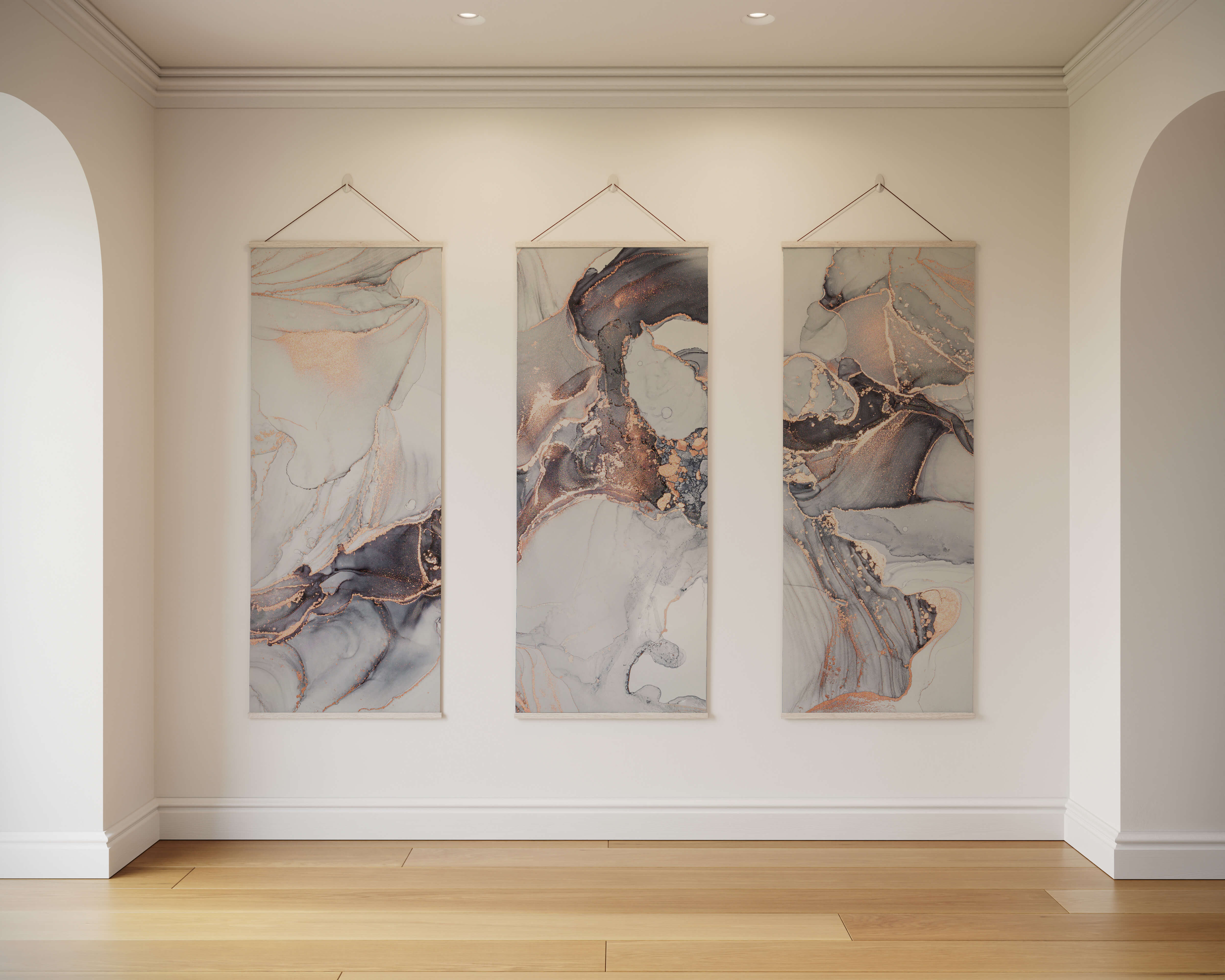 Three vertical rose gold marble art panels with soft gray blush pink swirls and gold marble accents tapestry