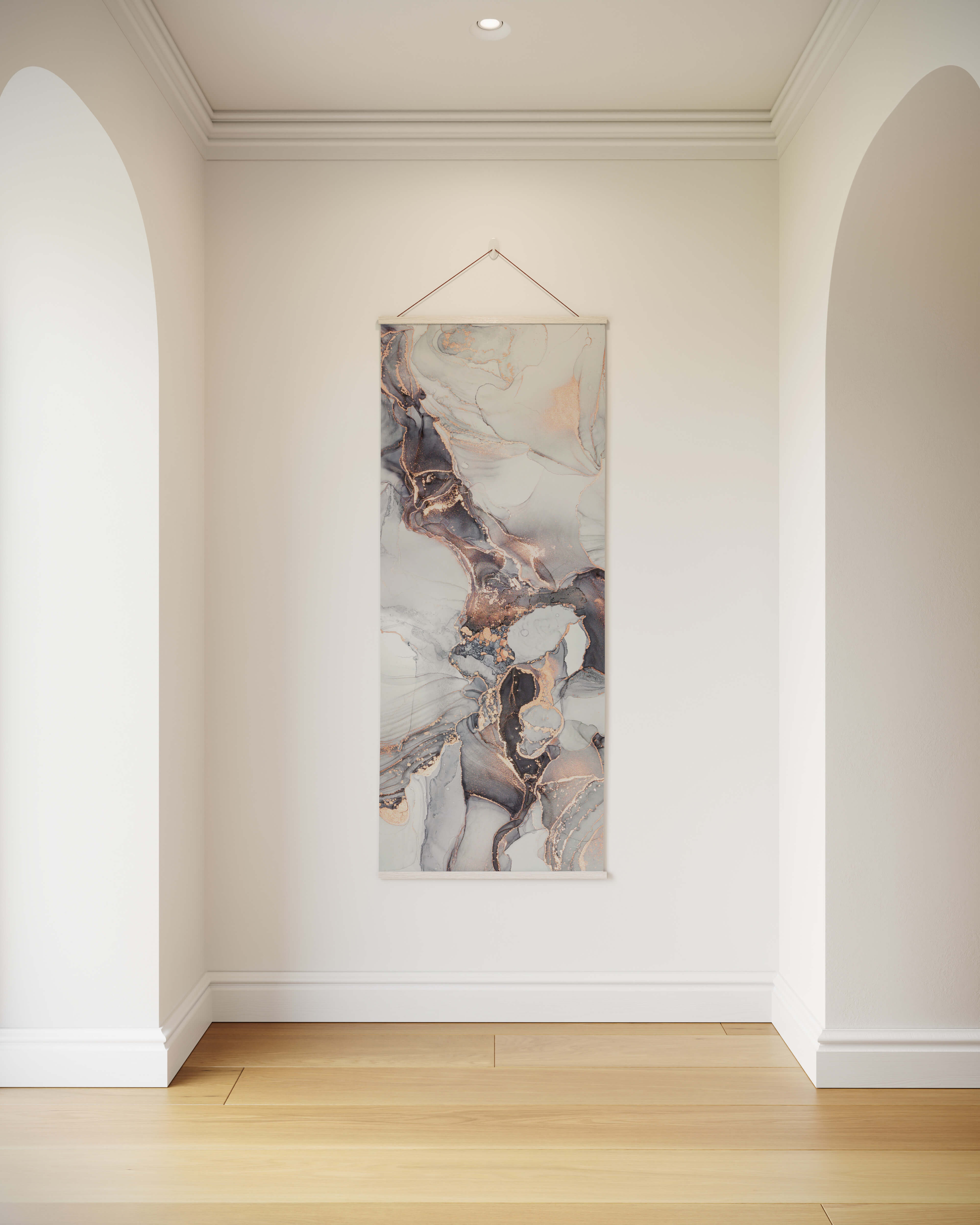A vertical rose gold marble tapestry with soft grays blush pinks and dark accents displayed on a white wall