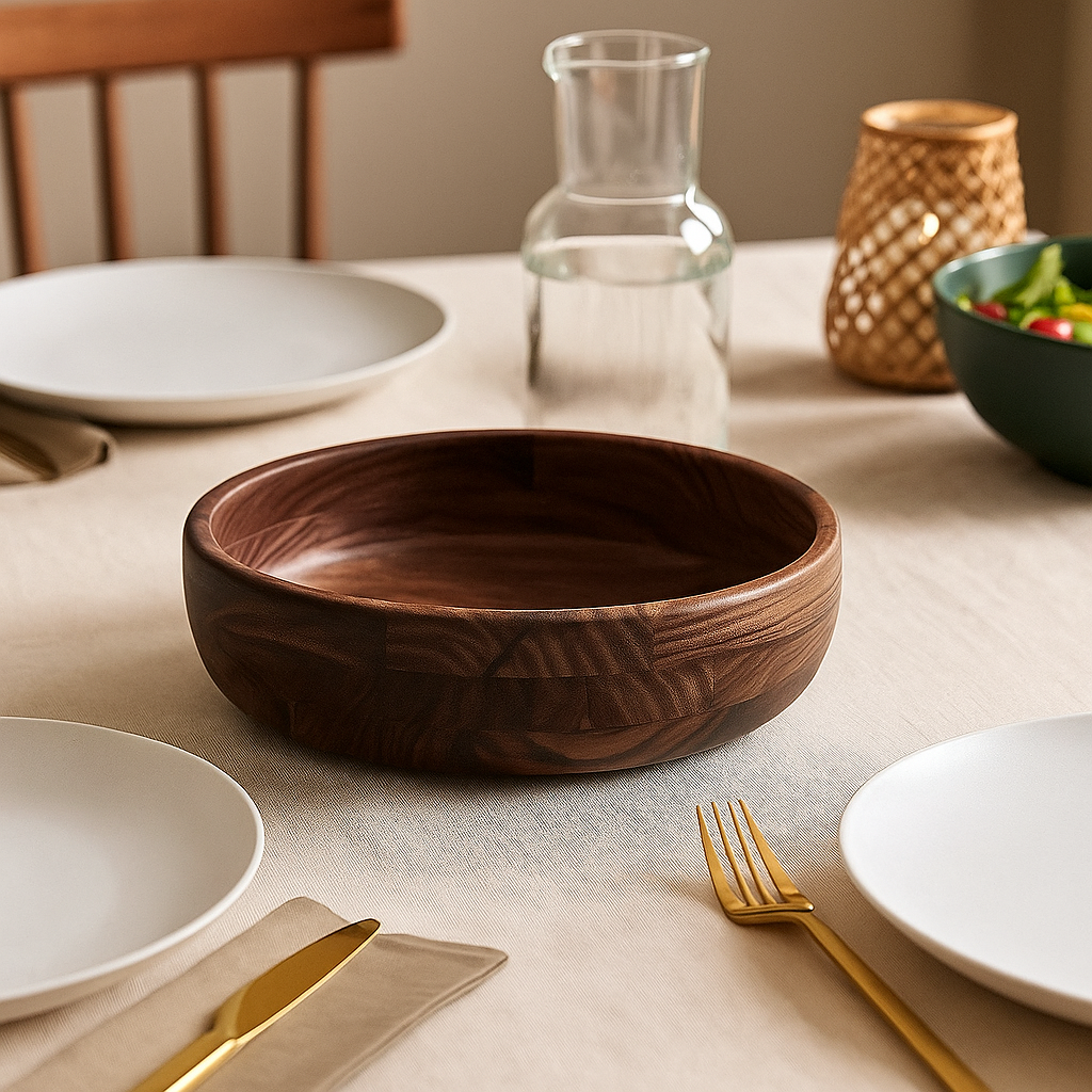 A dark brown rosi round sheesham wood salad bowl with smooth polished finish and visible wood grain patterns