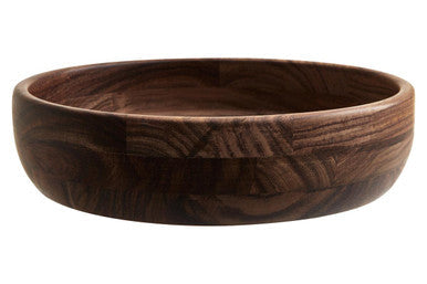 A smooth dark brown rosi round sheesham wood salad bowl with rich natural grain and rounded edges