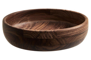 A smooth dark brown rosi round sheesham wood salad bowl with rounded shape and visible natural wood grain