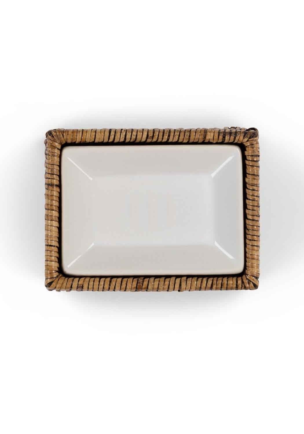 Rectangular white ceramic soap dish with woven brown rattan border from rosies suds and style