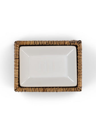 Rectangular white ceramic soap dish with woven brown rattan border from rosies suds and style
