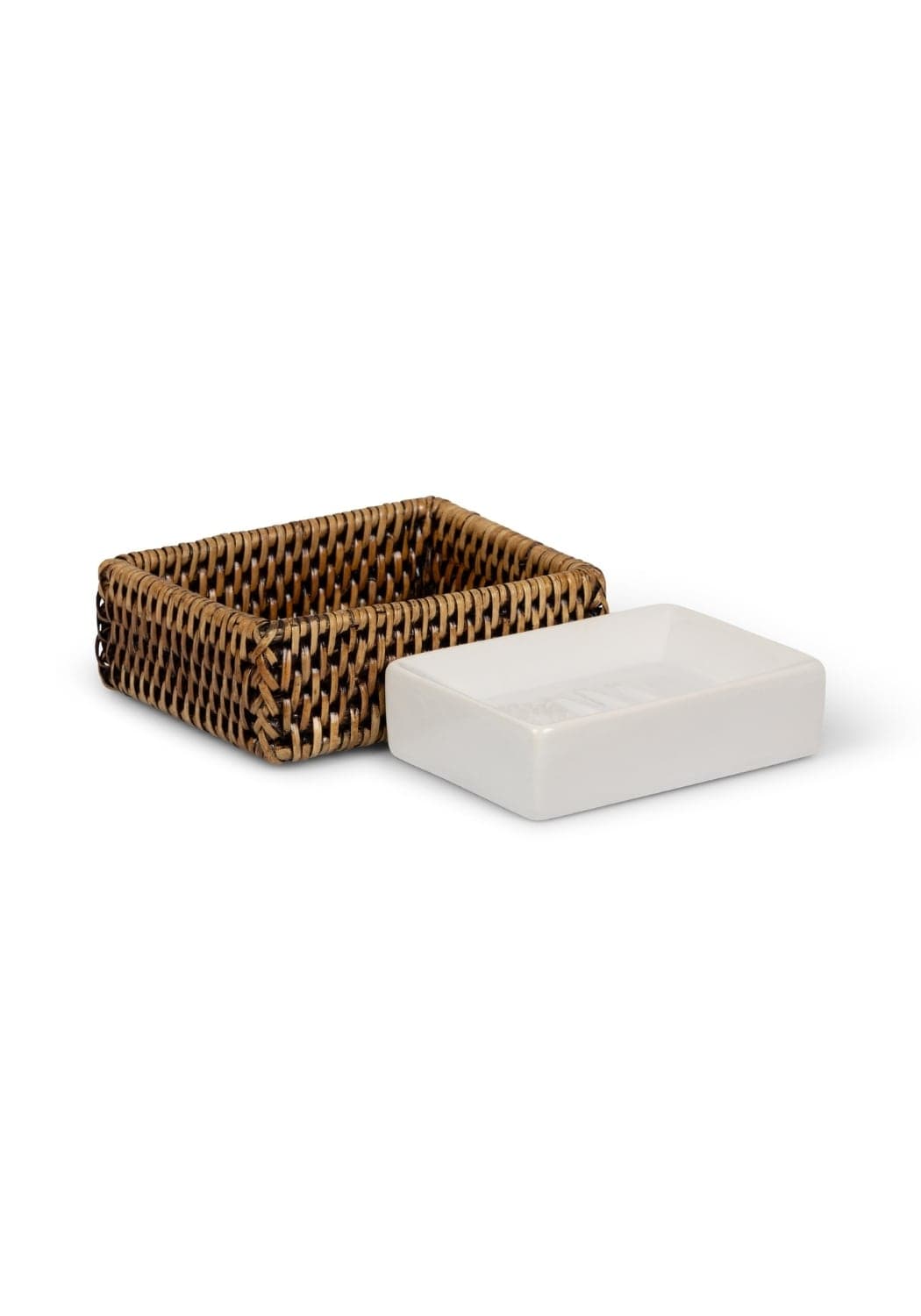 Brown woven rattan rectangular soap dish with smooth white ceramic lid from Rosies Suds and Style