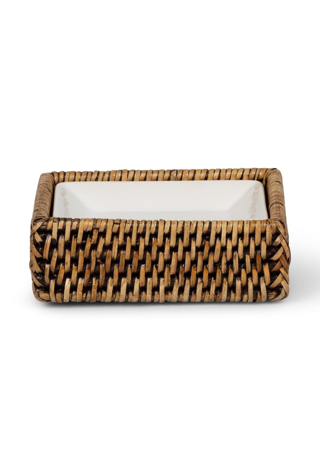 Woven brown rattan soap dish with white ceramic insert from rosies suds and style for stylish soap storage