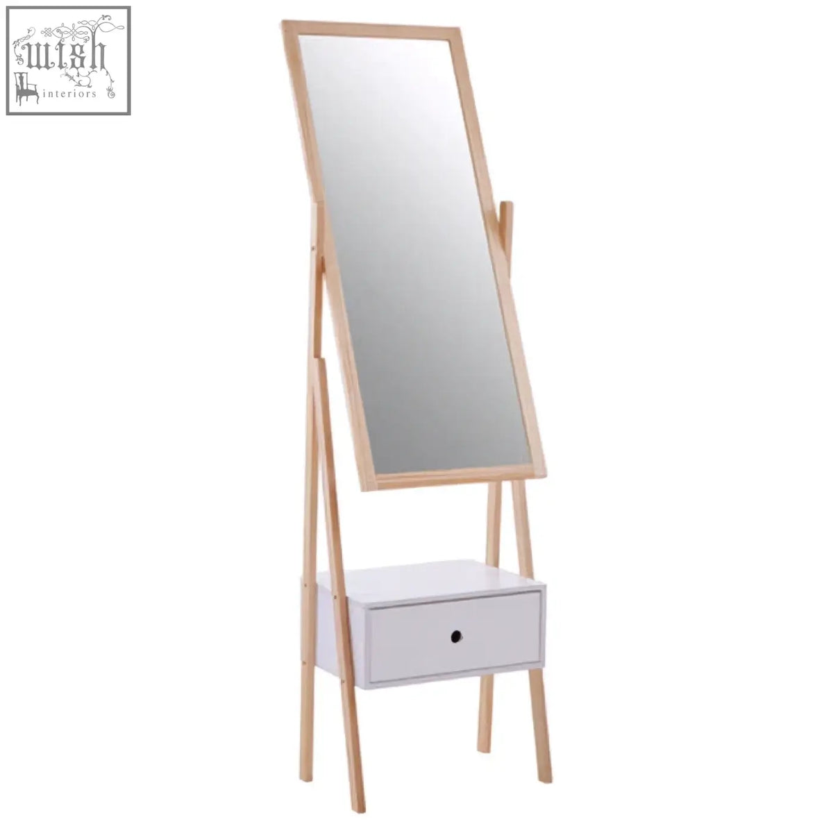 Rostok mirror stand is a minimalist standing mirror with a light wood frame and a large drawer in contemporary design