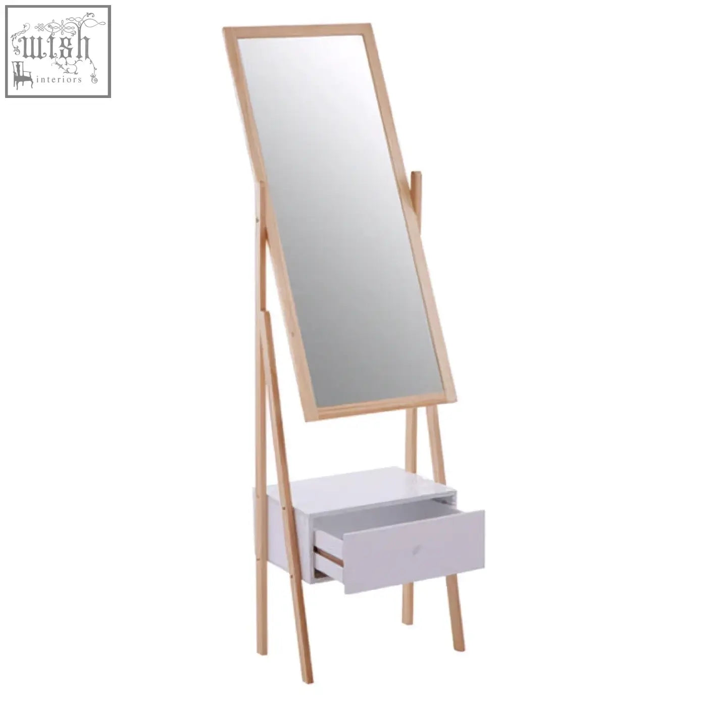Rostok mirror stand is a minimalist standing mirror with a light wood frame and a white drawer unit for storage