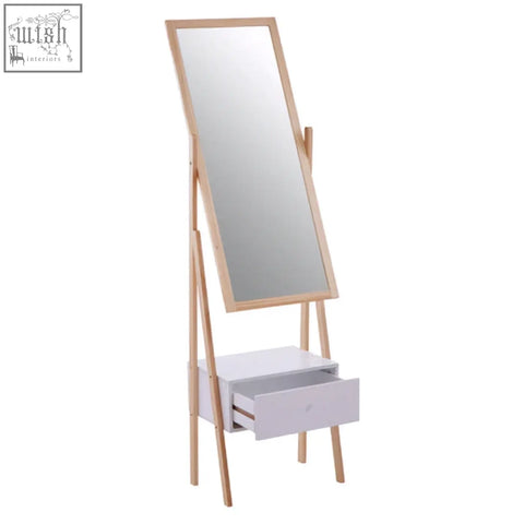 Rostok mirror stand is a minimalist standing mirror with a light wood frame and a white drawer unit for storage