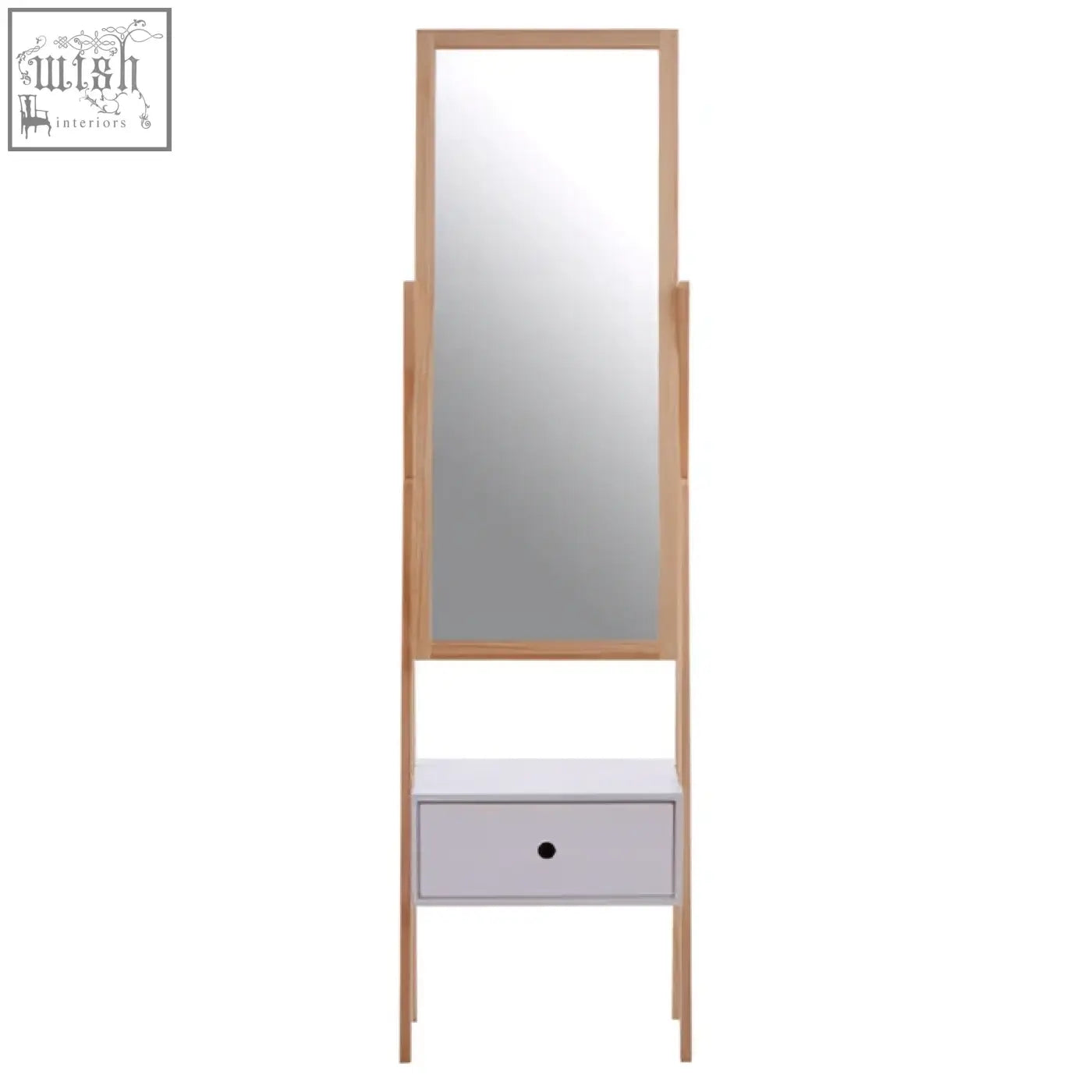 Rostok standing mirror with light wood frame and large white drawer in a minimalist contemporary design