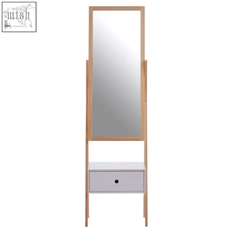 Rostok standing mirror with light wood frame and large white drawer in a minimalist contemporary design