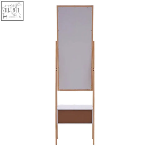 Rostok mirror stand tall standing mirror with light wood frame white shelf and large drawer in contemporary design