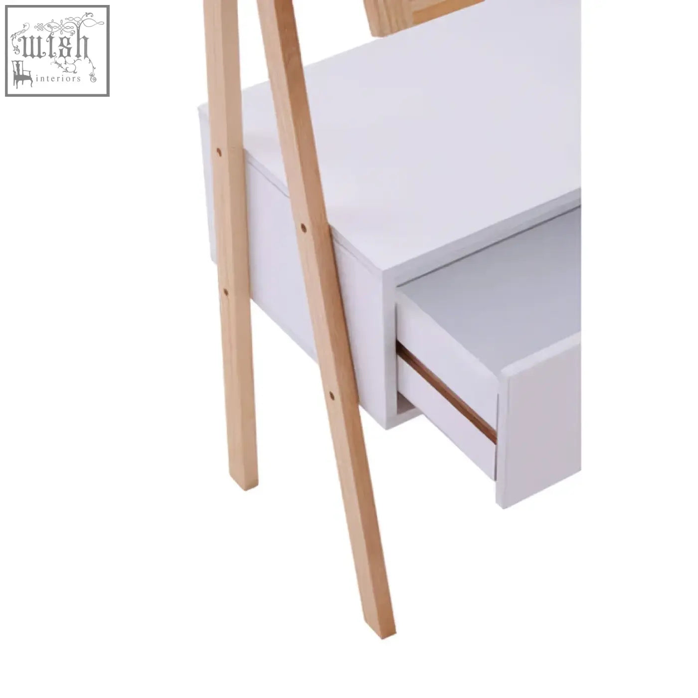 White rostok mirror stand desk with light wood legs and a large drawer partially open in a contemporary design