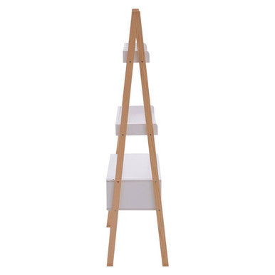 Minimalist rostok shelf unit with three white rectangular shelves and light oak wooden legs