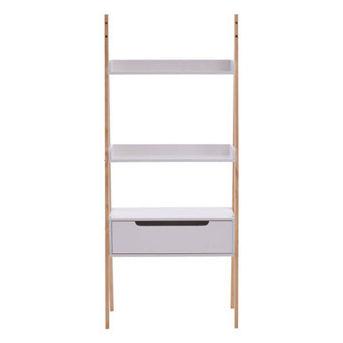 Modern white rostok shelf unit with light wood legs and single drawer perfect for saving floor space