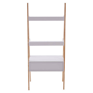 White rostok shelf unit with light wood legs and a single drawer at the bottom for versatile storage
