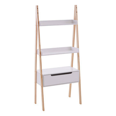 White rostok shelf unit with light wood legs and single drawer for stylish storage and display
